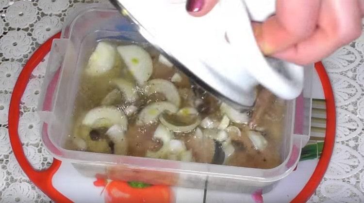 Сложете малки парчета риба, лук в чиния, залейте всичко с марината.
