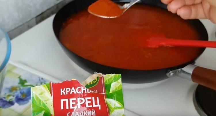 Добавете черен пипер, червен пипер, сол към дресинга.