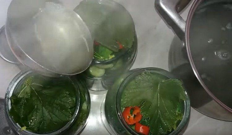 Отново напълнете консервите с краставици с вряла вода и оставете да престои под капаците.